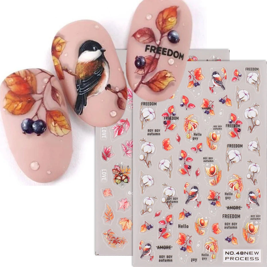 2pcs/set Autumn Maple Leaf Nail Art Sticker Bird Cotton Squirrel Mushroom Pumpkin Design Nail Decal Sliders Manicure Decoration