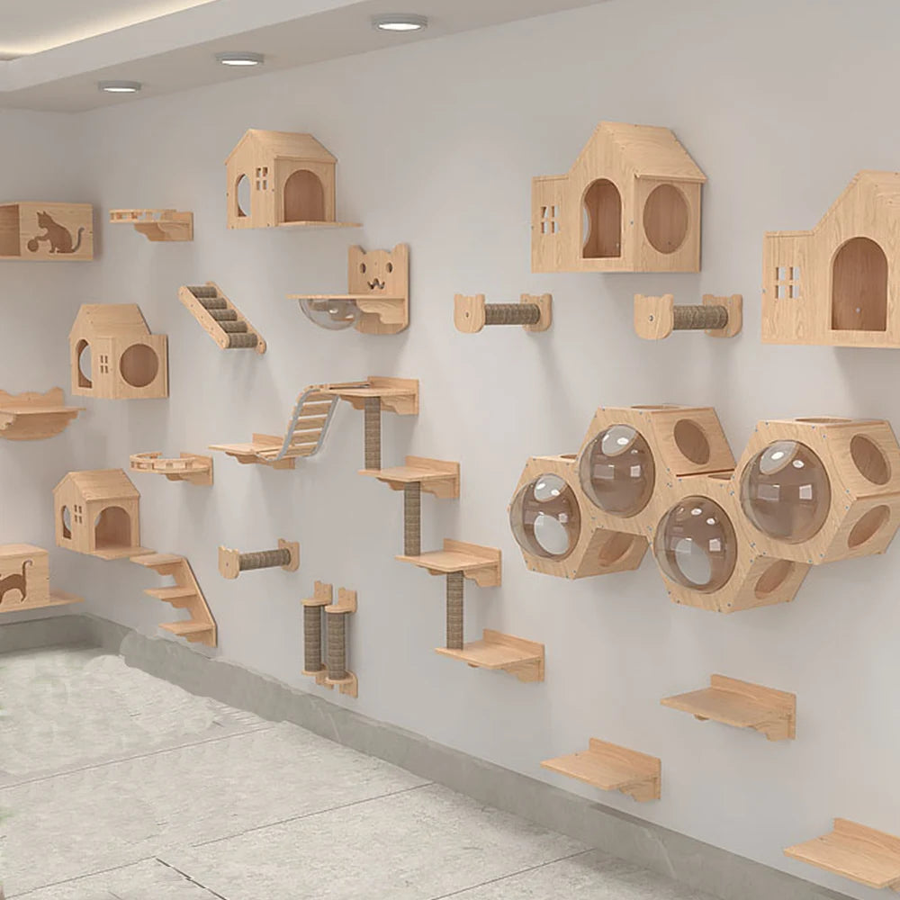 Cat Wall Mounted Shelf Furniture Wooden Cat Bed and Scratcher Post with Climbing Ladder Widen Steps for Kitten Play and Rest