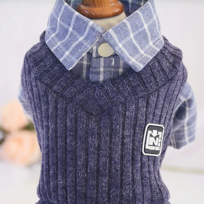 Thin Jumpsuits Dog Clothes Fake Two Piece Suit Spring Autumn Sportswear Knitted Sweater Vest & Shirt Fake Two-piecs Suit