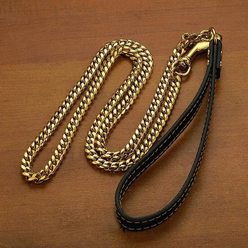 10MM Strong Stainless Steel Dog Chain Leash Heavy Duty 18K Gold Miami Cuban Link Chain with Genuine Leather Handle for Large Dog