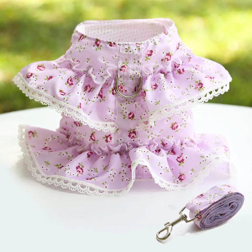 Pink Flower Puppy Harness Mesh Breathable Small Girl Dog Cat Vest Harness Cute Doggy Lace Dress Harness with Leash for Walking