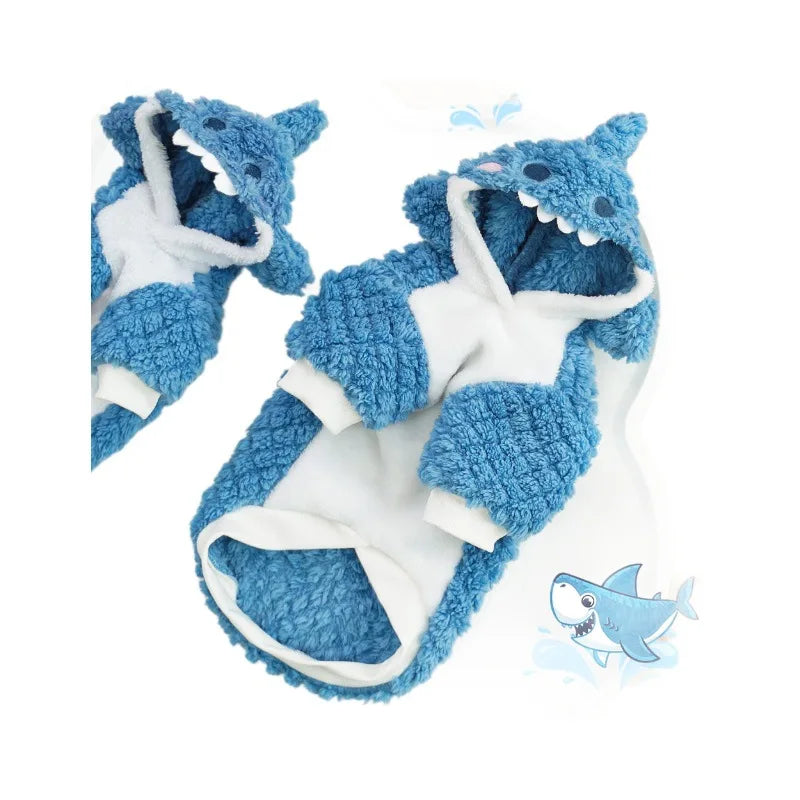 Funny Dog Shark Costume Cute Autumn Winter Pet Clothes Halloween Holiday Coat Cosplay Dress Warm Fleece Hoodie for Small Dogs