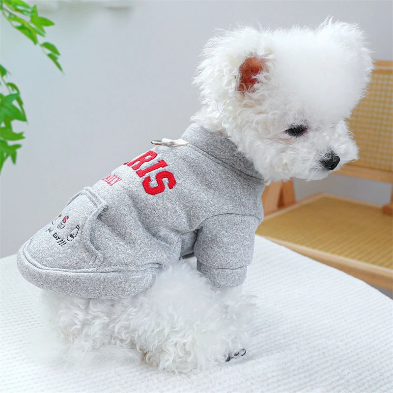 Embroidery Paris Pet Cat Sweatshirt for French Bulldog Warm Fleece Small Medium Dog Clothing New Year Winter Red Puppy Overalls