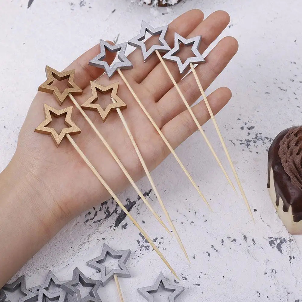 50Pcs Hollow Star Bamboo Skewers Disposable Insert Cocktail Fruit Toothpick Stick Christmas Picks Party Buffet Decor X1J5