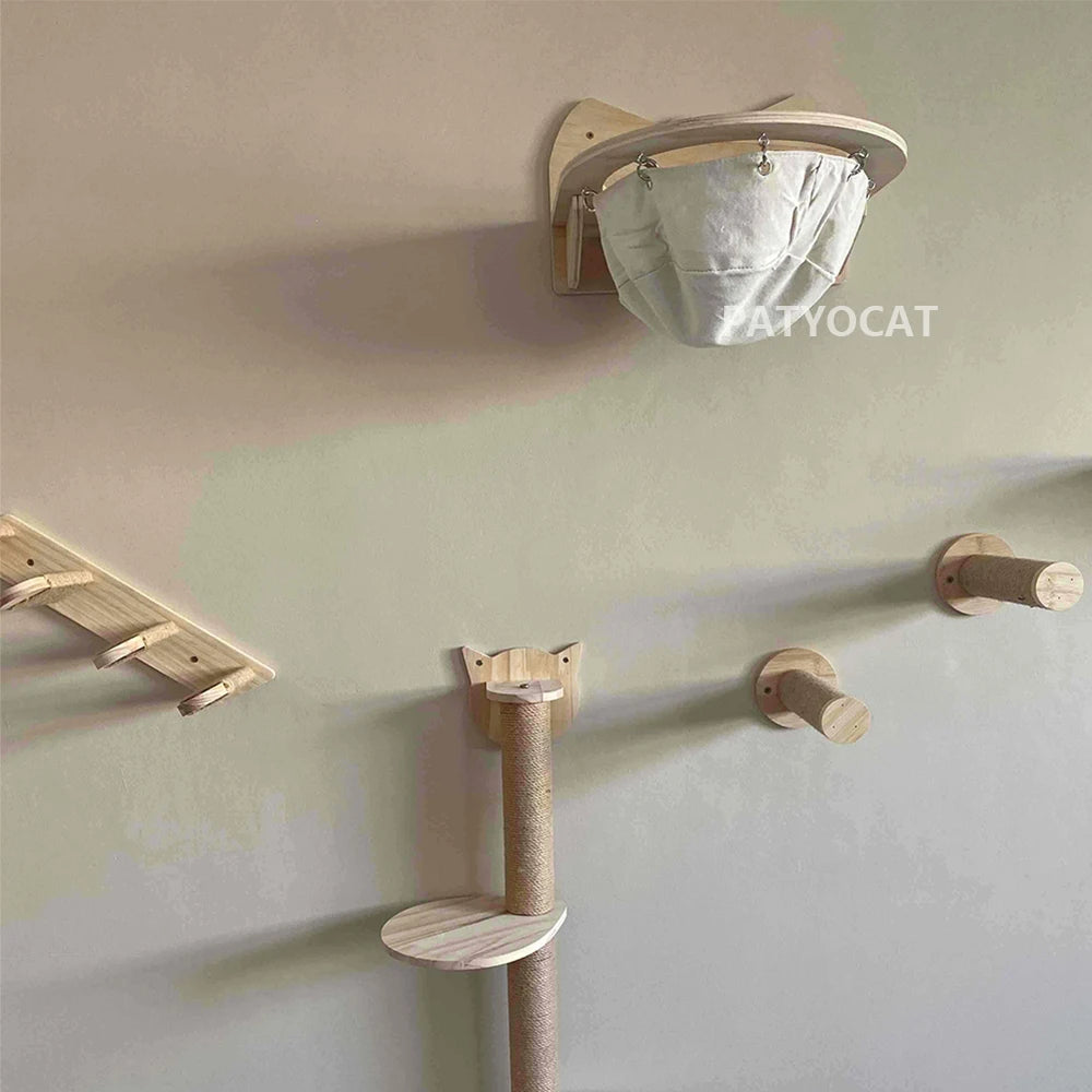 Cat Climbing Shelf Furniture Wall Mounted Cat Hammock and Wooden Stairway with Scratching Post for Cats Indoor Playing and Rest