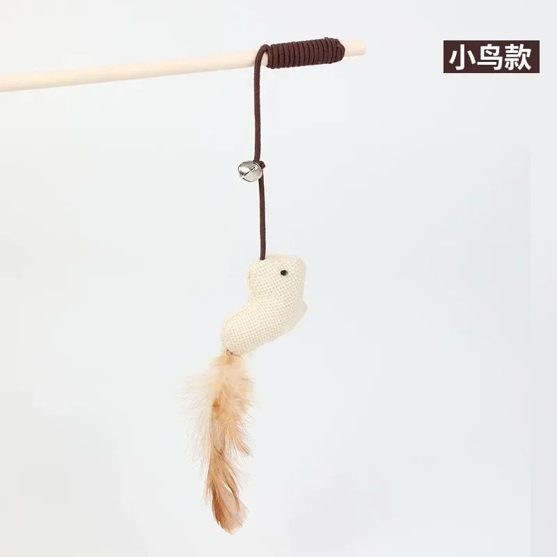40cm Pet Cat Teaser Toys Feather Linen Wand Cat Catcher Teaser Stick Cat Interactive Toys Wood Rod Mouse Toy with Mini Bell