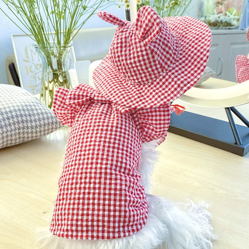 Pastoral Style Plaid Cat Hat Cute Ears Sunshade Cap for Dogs Summer Pet Headwear Unisex Outdoor Hats Chihuahua Dogs Accessories