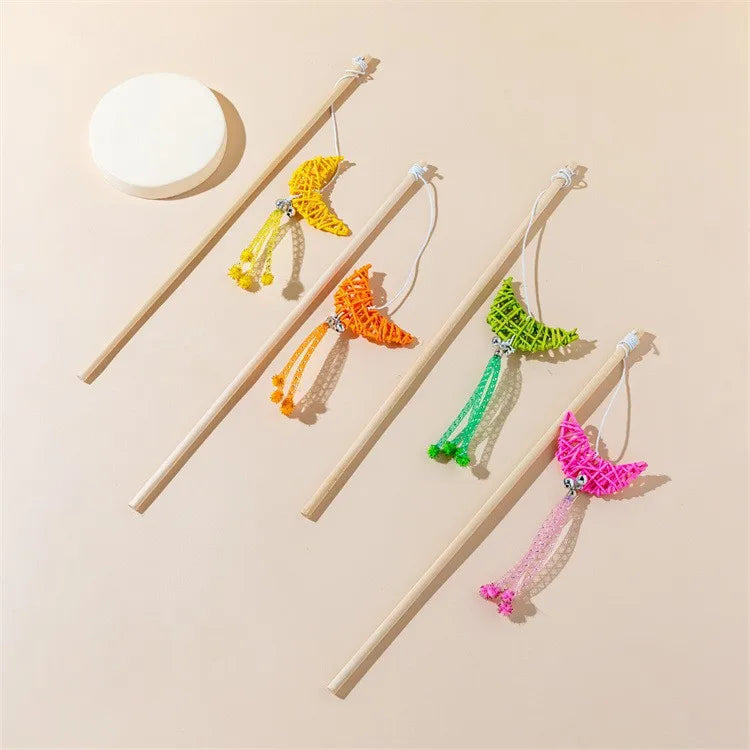Cat Toy Cat Teaser Sticks Wooden Cat Stick Moon Rattan Molar Bite-resistant Cat Stick Cat Toy