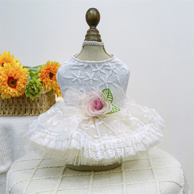 Sweet Princess Female Puppy Summer Clothes Wedding Party Dress for Dogs White Lace French Bulldog Small Medium Pet Cat Clothing