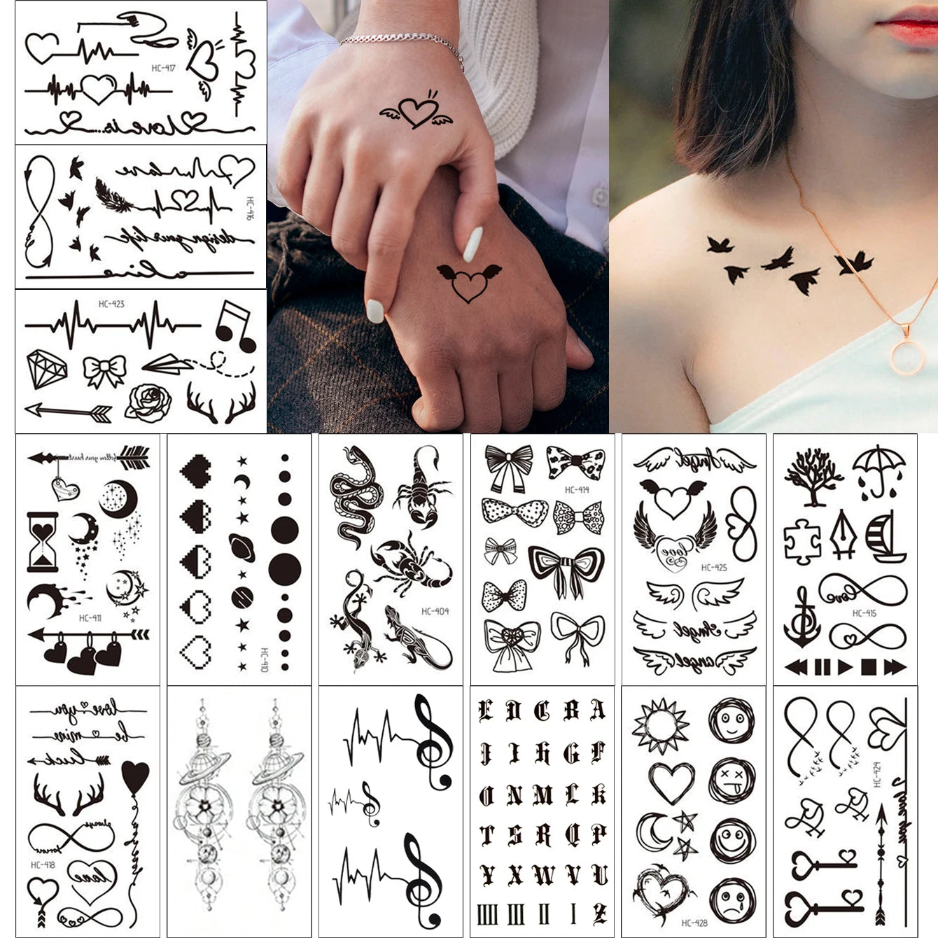 15pcs Waterproof Temporary Tattoo Sticker Starry Moon Flower Heart Flying Bird Fake Tatto Flash Tatoo finger Tato for Women Men