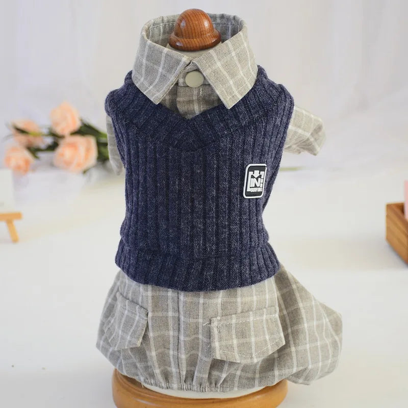Thin Jumpsuits Dog Clothes Fake Two Piece Suit Spring Autumn Sportswear Knitted Sweater Vest & Shirt Fake Two-piecs Suit