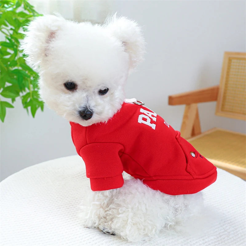 Embroidery Paris Pet Cat Sweatshirt for French Bulldog Warm Fleece Small Medium Dog Clothing New Year Winter Red Puppy Overalls