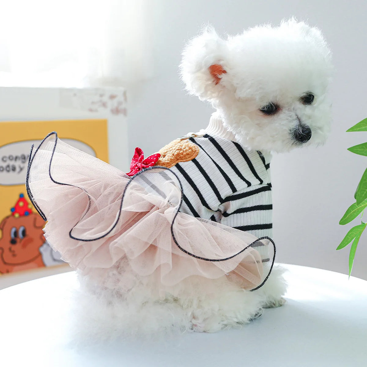 Cute Bear Stripe Dog Dress for Small Dogs, Luxury Tiered Layer Tulle Tutu Dress Princess Skirt Spring Autumn Puppy Pet Clothes