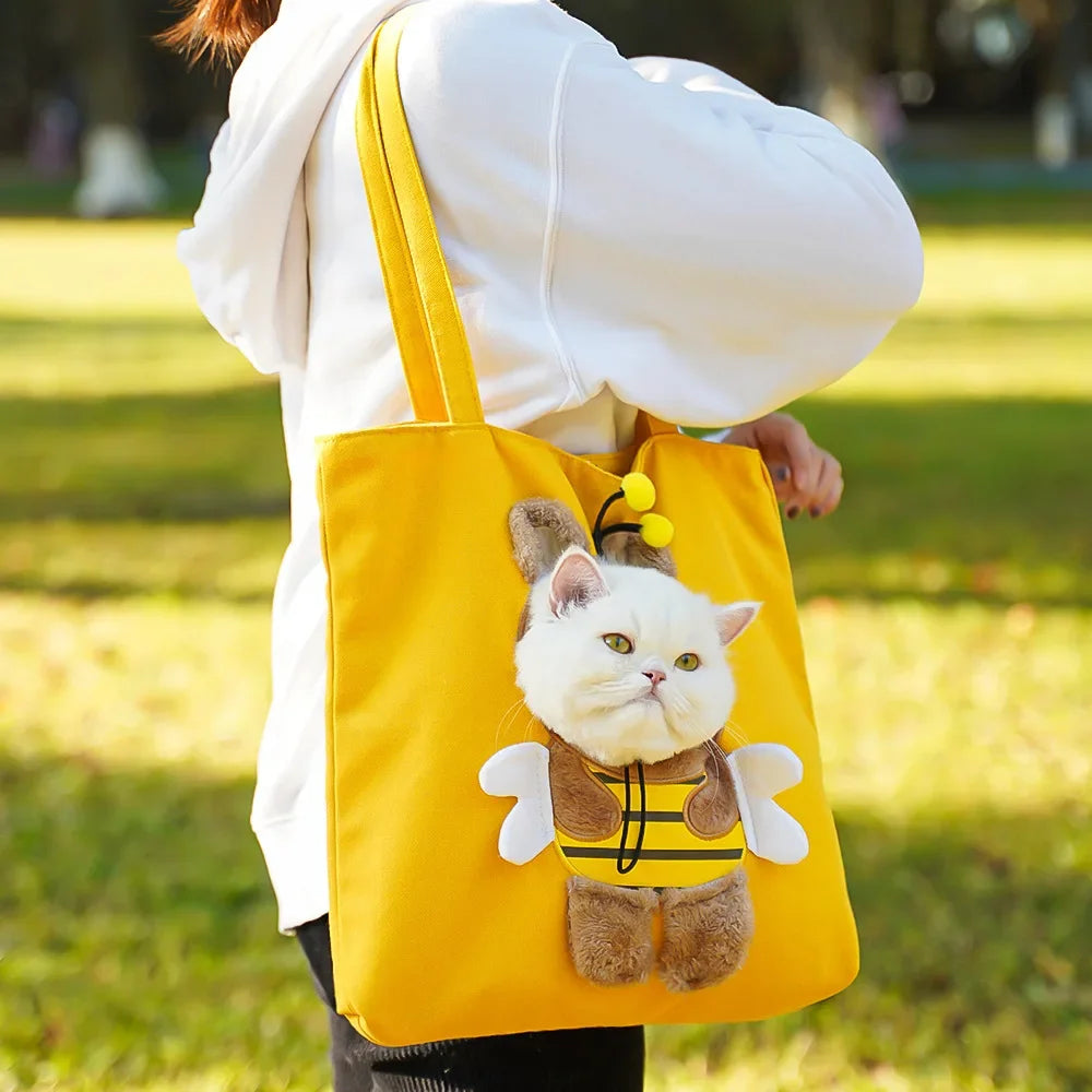Pet Canvas Shoulder Bag Bee Rabbit Dinosaur Shape Cute Cat Carrier Portable Shoulder Carrying Bag Chest Cat Bag Outdoor Cat Tote