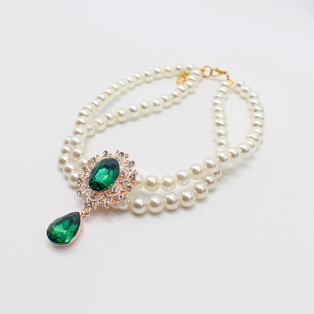2 Rows Pet Pearls Collar Adjustable Puppy Dog Rhinestone Jewelry Necklaces with Luxury Crystal Accessories for Small Dogs Cats