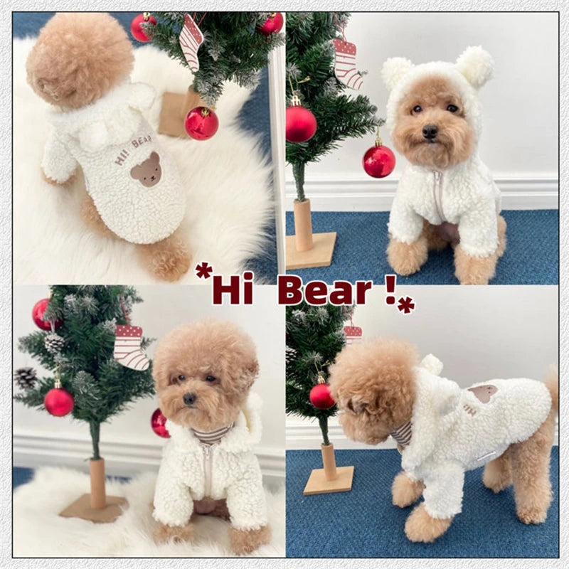Super Warm Pet Winter Clothes Cosplay Costume Bear Shaped Outfits for Small Medium Puppy New Year Double Fleece Cat Clothing