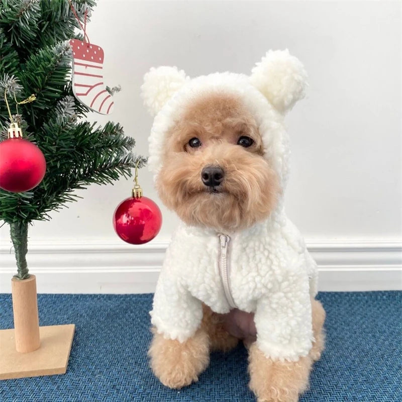 Super Warm Pet Winter Clothes Cosplay Costume Bear Shaped Outfits for Small Medium Puppy New Year Double Fleece Cat Clothing