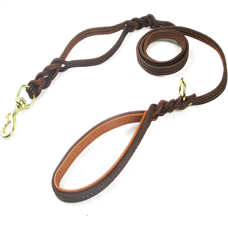 Braided Leather Dog Leash with Traffic Handle Two Handles Leather Dog Leash Leads for Training Bulldog Pit-bull Pet Dog Supplies