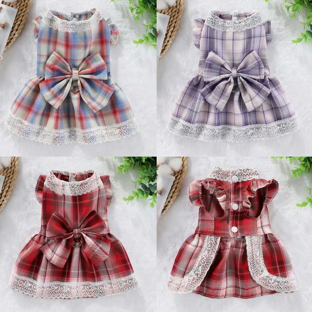 Plaid Dog Dress Bowtie Harness Dress for Small Dogs Cats Girl Cute Lace Trim Princess Dresses Spring Summer Puppy Rabbit Clothes