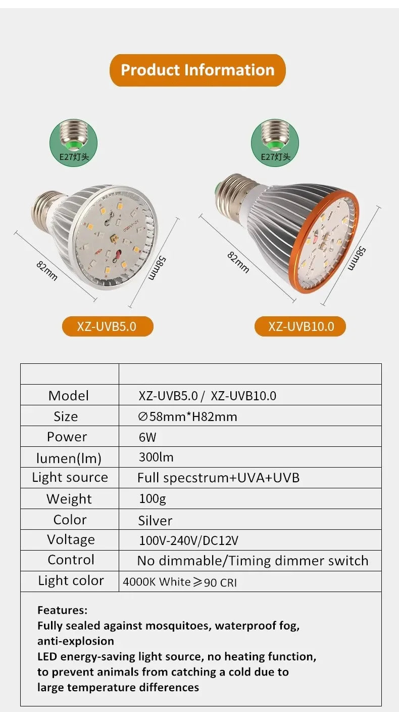 UVA+UVB Reptile Light Full Spectrum 5.0/10.0 Light Bulb LED UV Lamp for Turtle Lizard Snake Heater Bulb Terrarium Lamp 육지거북