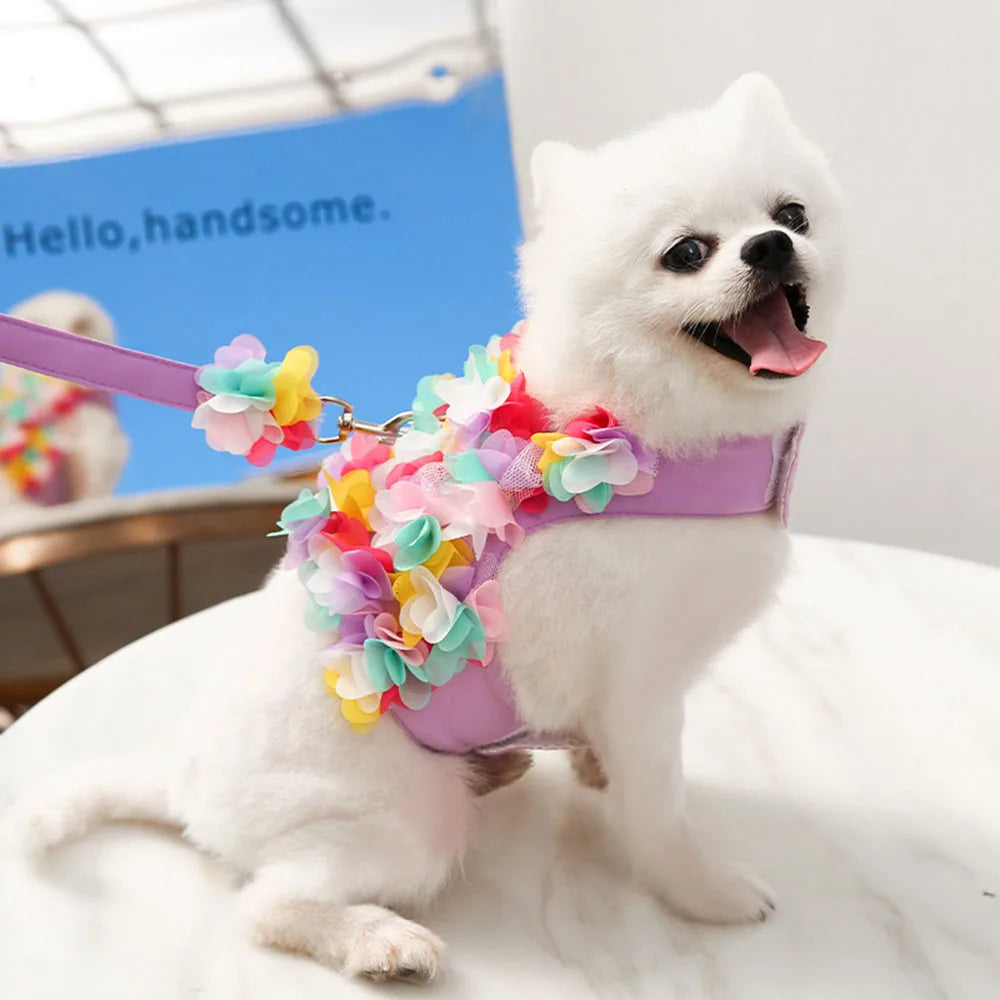 Pink Flower Puppy Harness Mesh Breathable Small Girl Dog Cat Vest Harness Cute Doggy Lace Dress Harness with Leash for Walking
