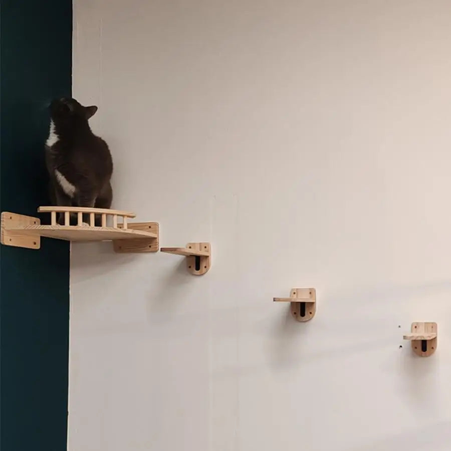 Cat Climbing Shelf Furniture Wall Mounted Cat Hammock and Wooden Stairway with Scratching Post for Cats Indoor Playing and Rest
