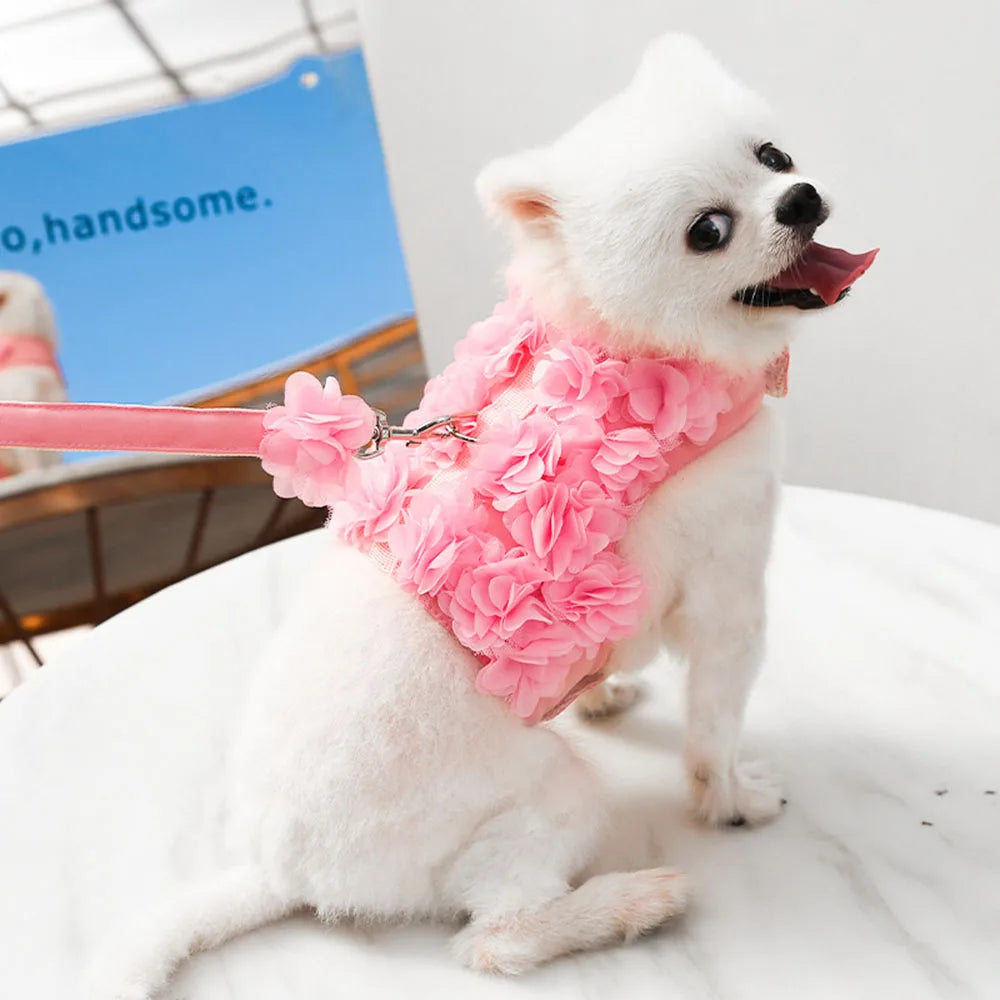 Pink Flower Puppy Harness Mesh Breathable Small Girl Dog Cat Vest Harness Cute Doggy Lace Dress Harness with Leash for Walking