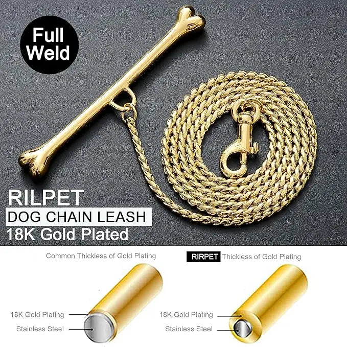 Stainless Steel Cuban Chain Dog Leash for Small Medium Large Dogs, 3ft Strong Chew Proof 18K Gold Dog Rope Chain with Bone Hand