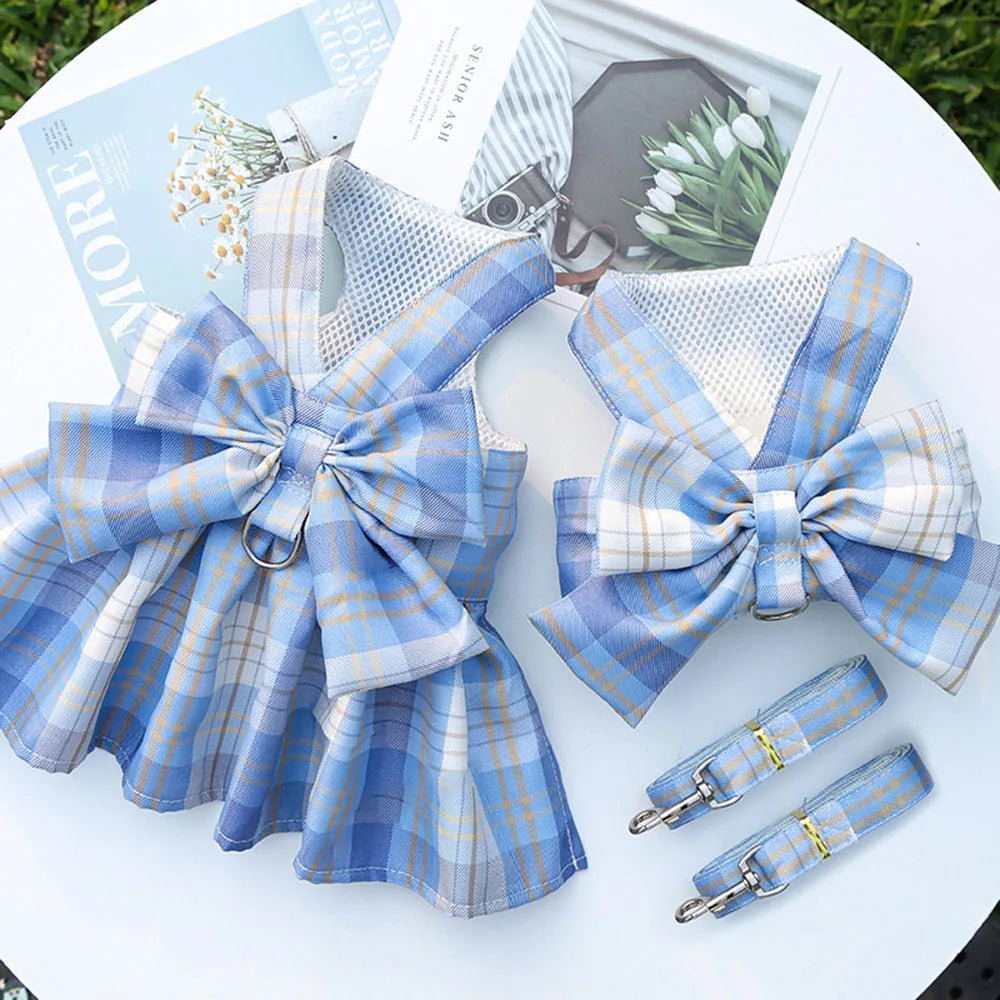 Puppy Dog Adjustable Harness Pet Plaid Skirt Cat Dog Vest Type Traction Clothes Small Dog Party Birthday Wedding Bowknot Dress