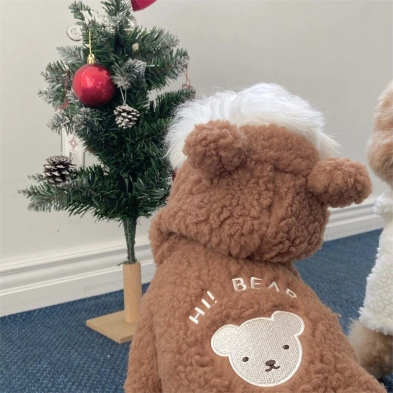 Super Warm Pet Winter Clothes Cosplay Costume Bear Shaped Outfits for Small Medium Puppy New Year Double Fleece Cat Clothing