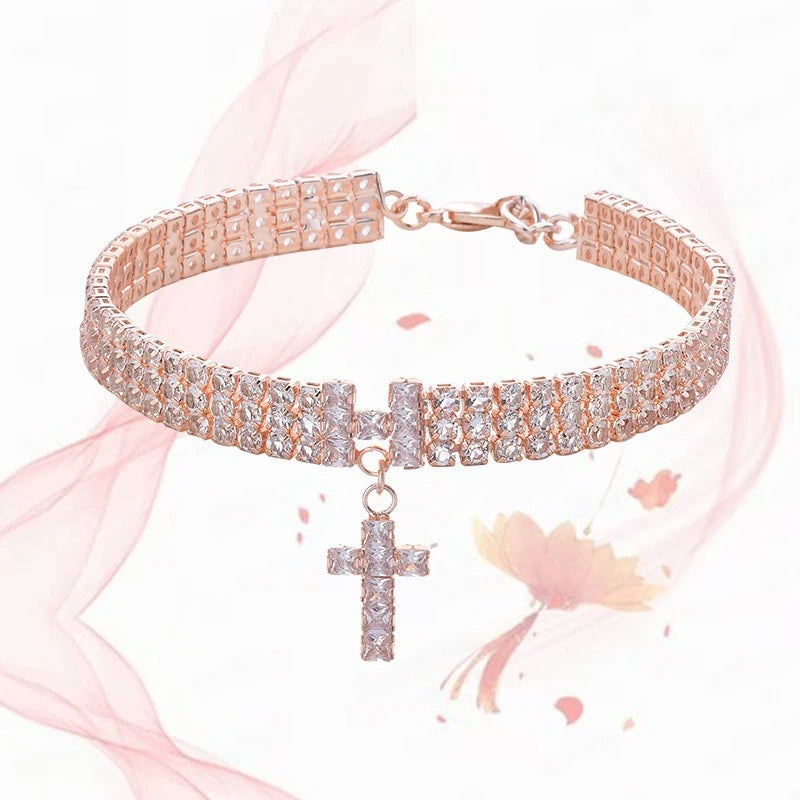 AAA Zircon Cross Cat Accessories Pet Necklace Adjustable Rose Gold Collar for Small Medium Puppy All Season Birthday Neck Gear