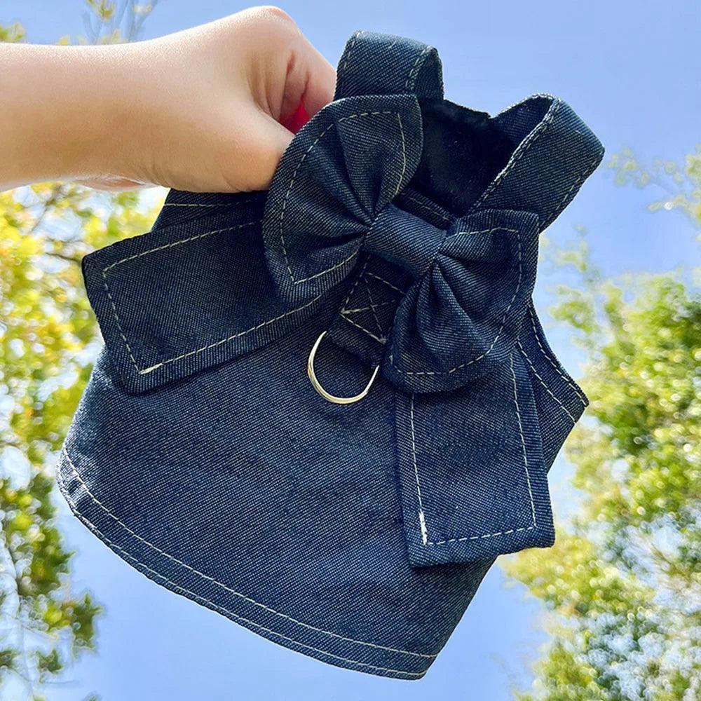 Pet Denim Clothes For Cat Dog Spring Summer Cat Dress Harness Kitten Jeans Shirt Cat Bowtie Skirt Dress Vest Harness with D-Ring