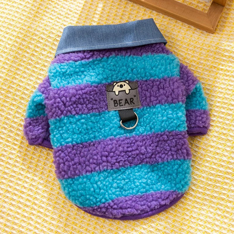 Velvet Warm Pet Cat Sweatshirts Chihuahua Half Sleeve Denim Collar Designer Striped Puppy Winter Clothes Soft Overalls for Yorks
