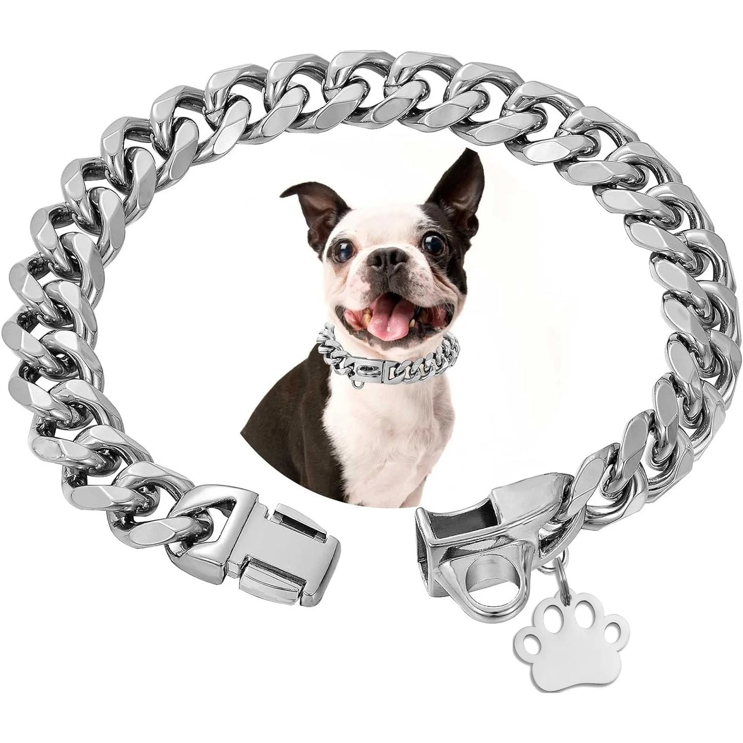 Heavy Duty Dog Chain Collar with Dog Paw Pendant 15MM Wide Stainless Steel Metal Cuban Link Chain Collar for Small Medium Dogs