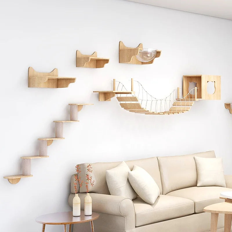 Cat Climbing Shelf Wall Mounted Furniture Cat Bridge and House Wooden Pet Shelves Tree Tower For Sleeping Climbing Cat Perch
