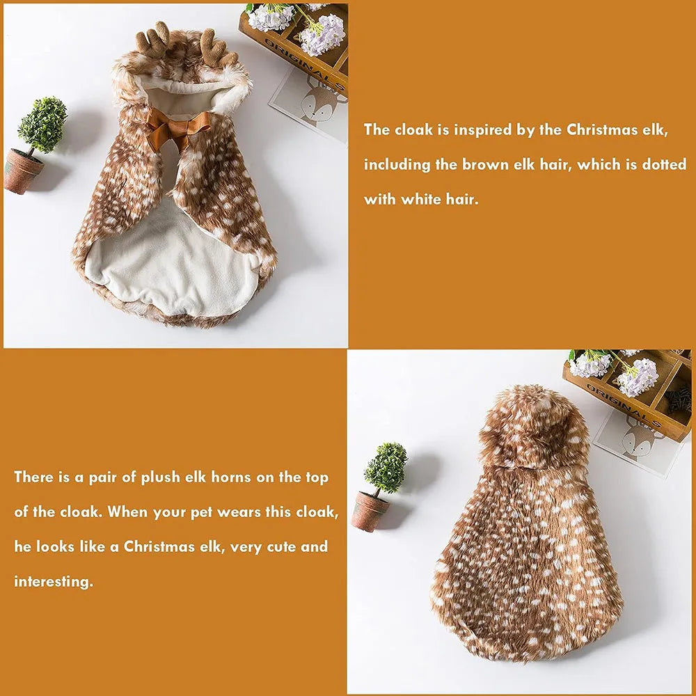 Pet Christmas Costume Puppy Xmas Cloak Cats Dogs Santa Cape with Elk Hat Pet Party Cosplay Dress for Small to Medium Sized Dogs