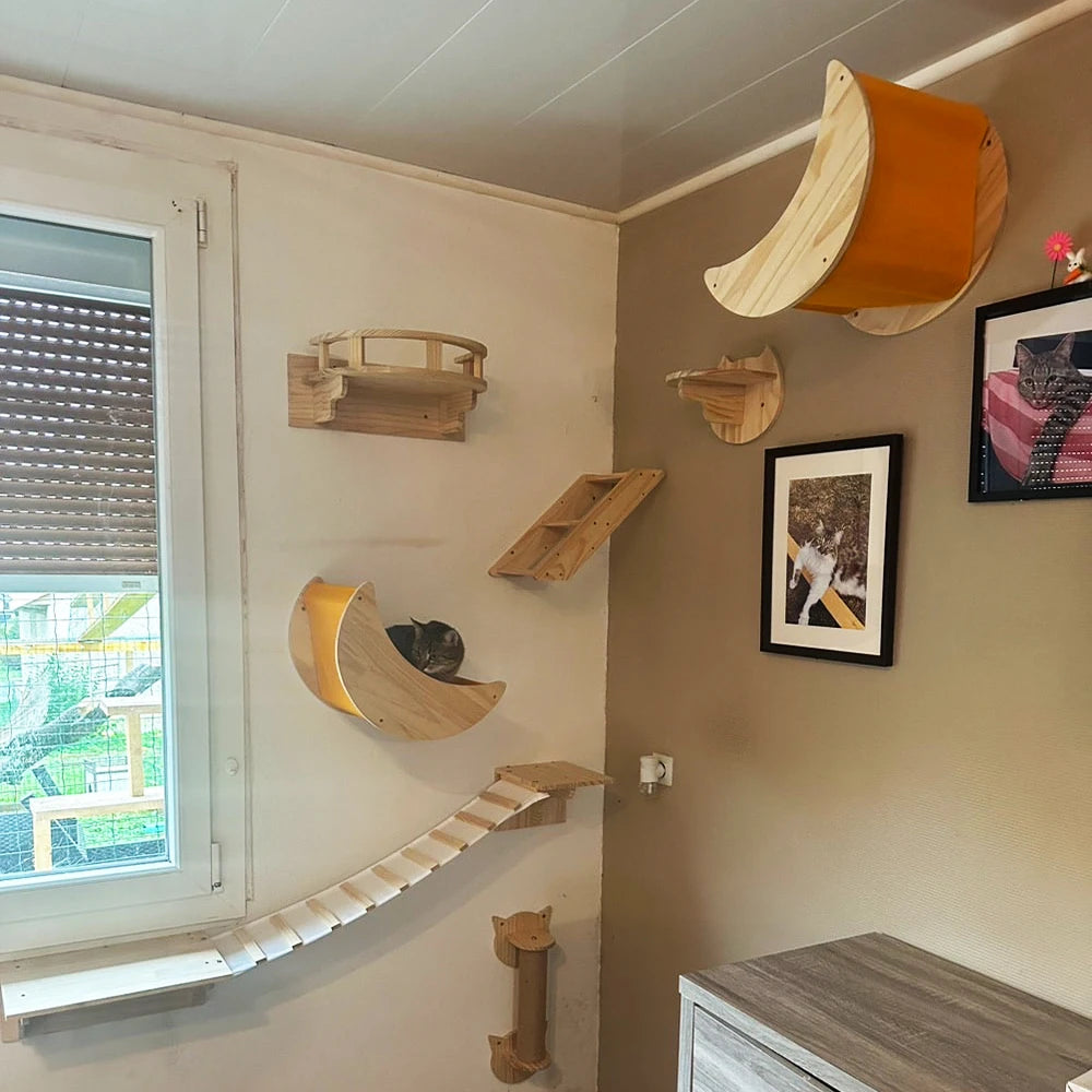 Cat Climbing Shelf Furniture Wall Mounted Cat Hammock and Wooden Stairway with Scratching Post for Cats Indoor Playing and Rest