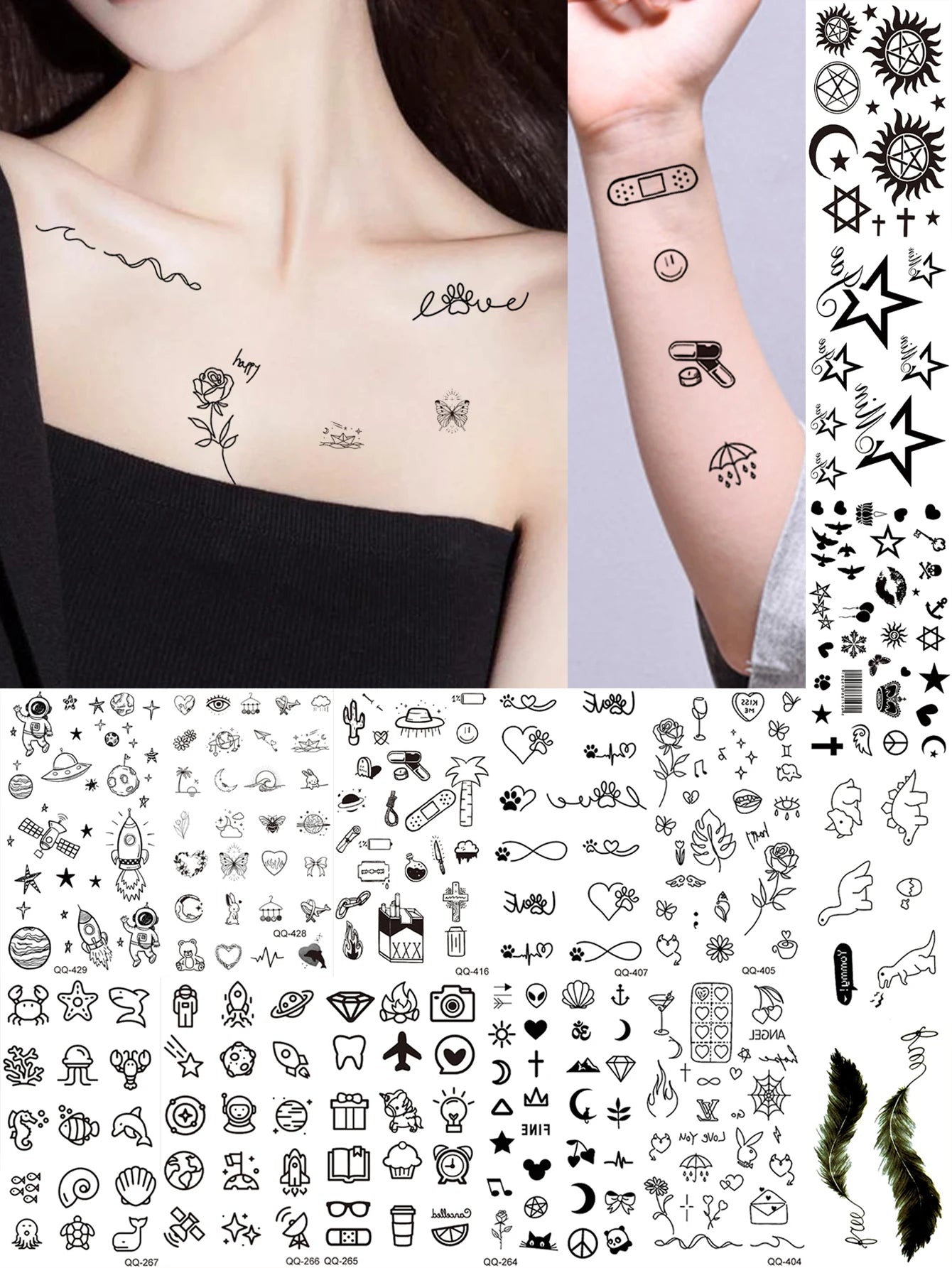 15pcs Waterproof Temporary Tattoo Sticker Starry Moon Flower Heart Flying Bird Fake Tatto Flash Tatoo finger Tato for Women Men