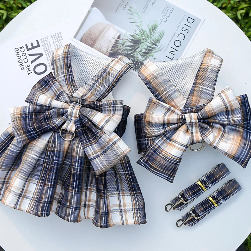Puppy Dog Adjustable Harness Pet Plaid Skirt Cat Dog Vest Type Traction Clothes Small Dog Party Birthday Wedding Bowknot Dress