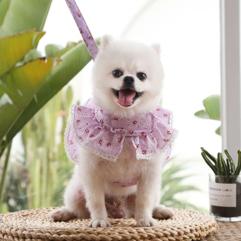 Pink Flower Puppy Harness Mesh Breathable Small Girl Dog Cat Vest Harness Cute Doggy Lace Dress Harness with Leash for Walking