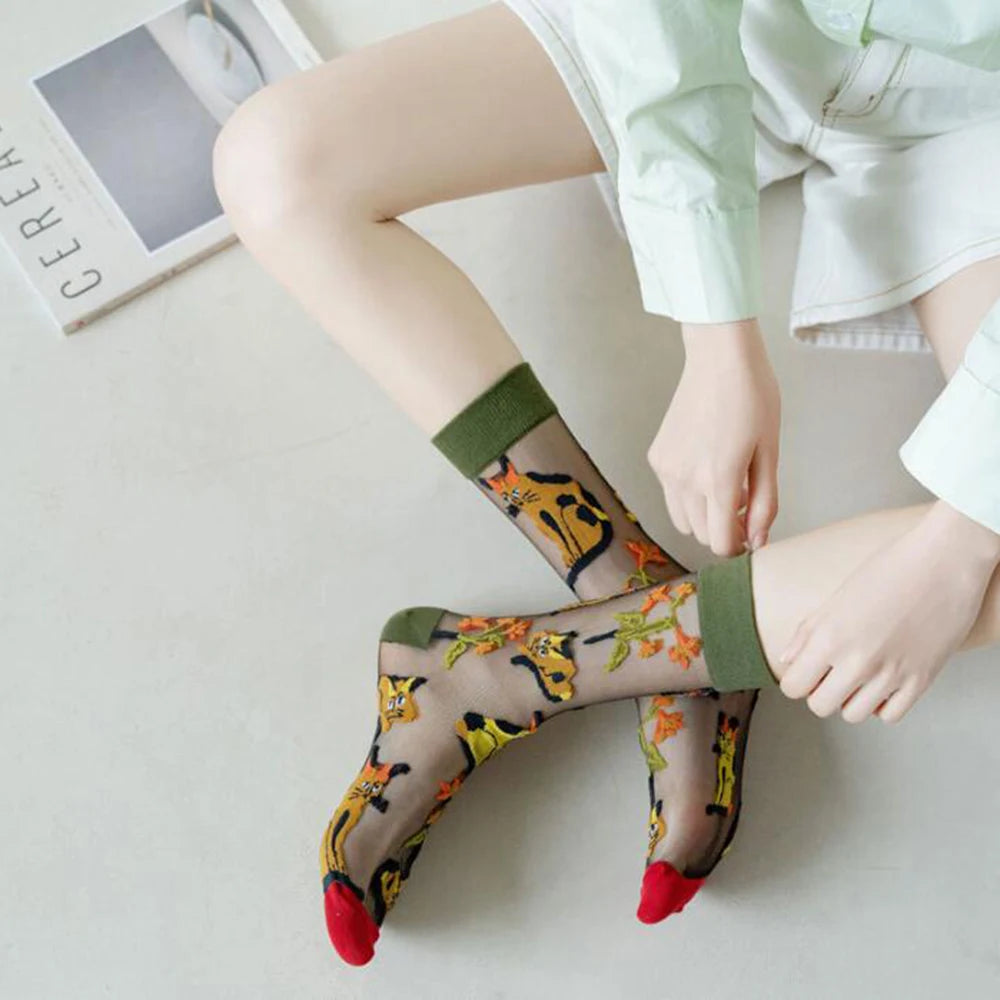 5 Pairs/Set France Hipster Design Glass Silk Floral Bird Funny Socks Women Transparent Art Ankle  Socks Jacquard