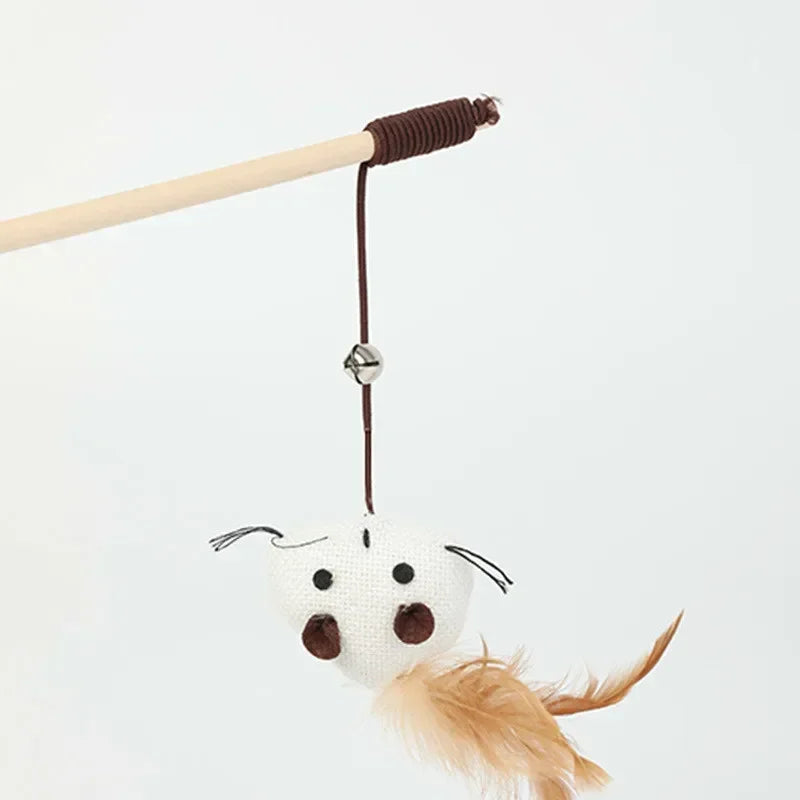 40cm Pet Cat Teaser Toys Feather Linen Wand Cat Catcher Teaser Stick Cat Interactive Toys Wood Rod Mouse Toy with Mini Bell