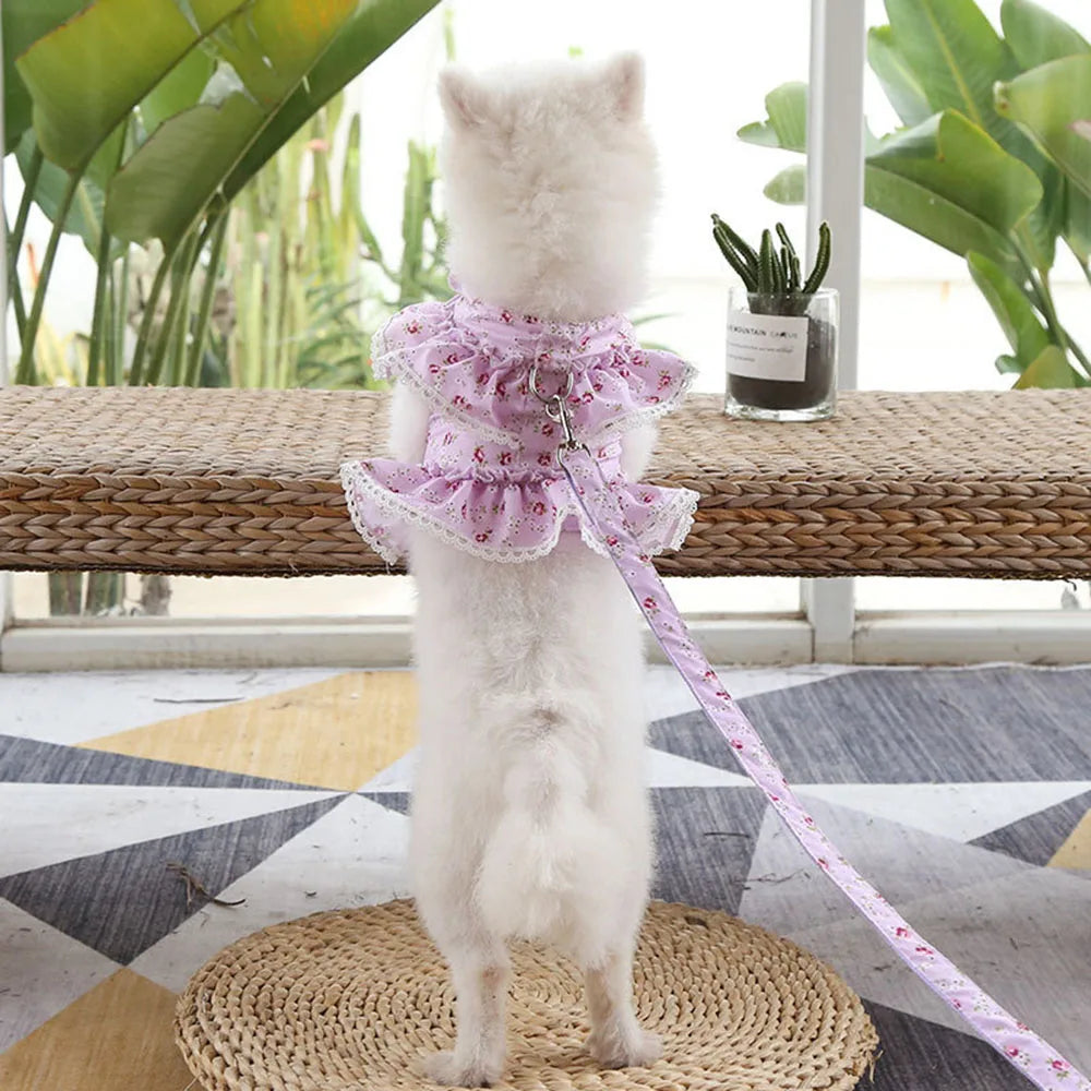 Pink Flower Puppy Harness Mesh Breathable Small Girl Dog Cat Vest Harness Cute Doggy Lace Dress Harness with Leash for Walking