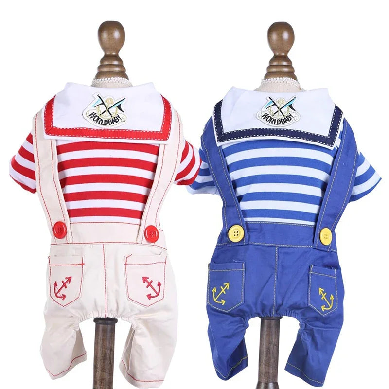 Anchor Navy Costume Dog Jumpsuit for Small Dogs, Puppy Stripe Shirt with Pants Overalls Seaman Outfits Autumn Chihuahua Clothes