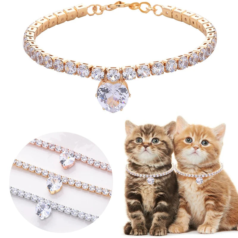 Luxury Gold Dog Chain Collar with Heart Diamond Rhinestone Cat Necklace Crystal Jewelry Pet Accessories for Small Dogs York Cats
