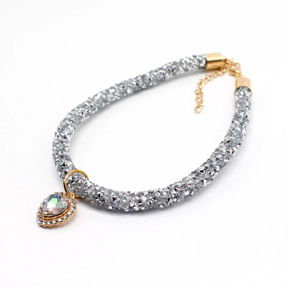 Soft Puppy Cat Collar with Heart Diamond Pendant Adjustable Luxury Reflective Bling Rhinestone Collar Crystal for Cats Small Dog