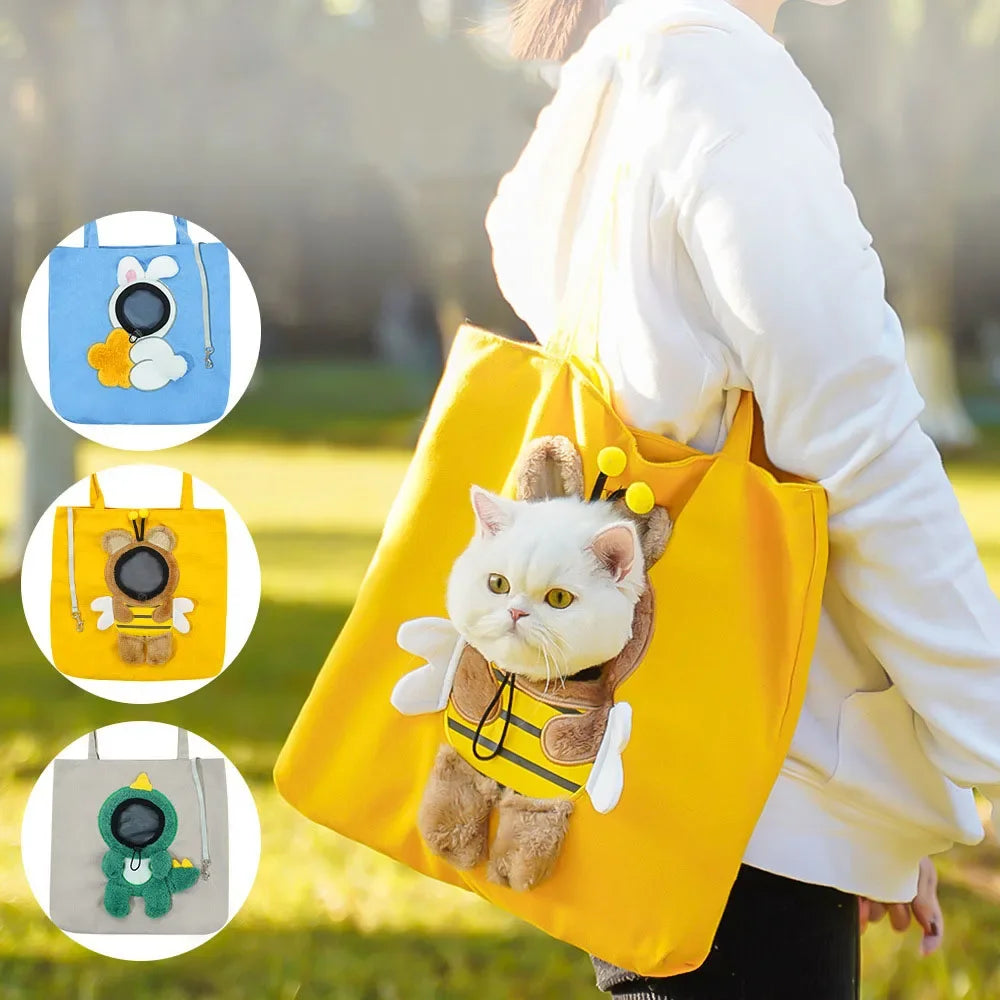 Pet Canvas Shoulder Bag Bee Rabbit Dinosaur Shape Cute Cat Carrier Portable Shoulder Carrying Bag Chest Cat Bag Outdoor Cat Tote