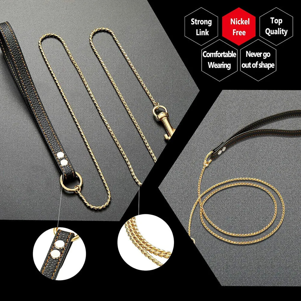 Dog Chain Leash for Dog Collar 18K Gold Sliver Cuban Link Anti-Bite Metal Strong Dog Leash for Walking Training Small Medium Dog
