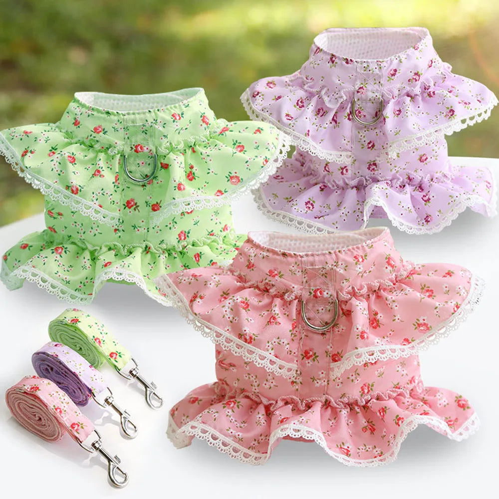 Pink Flower Puppy Harness Mesh Breathable Small Girl Dog Cat Vest Harness Cute Doggy Lace Dress Harness with Leash for Walking