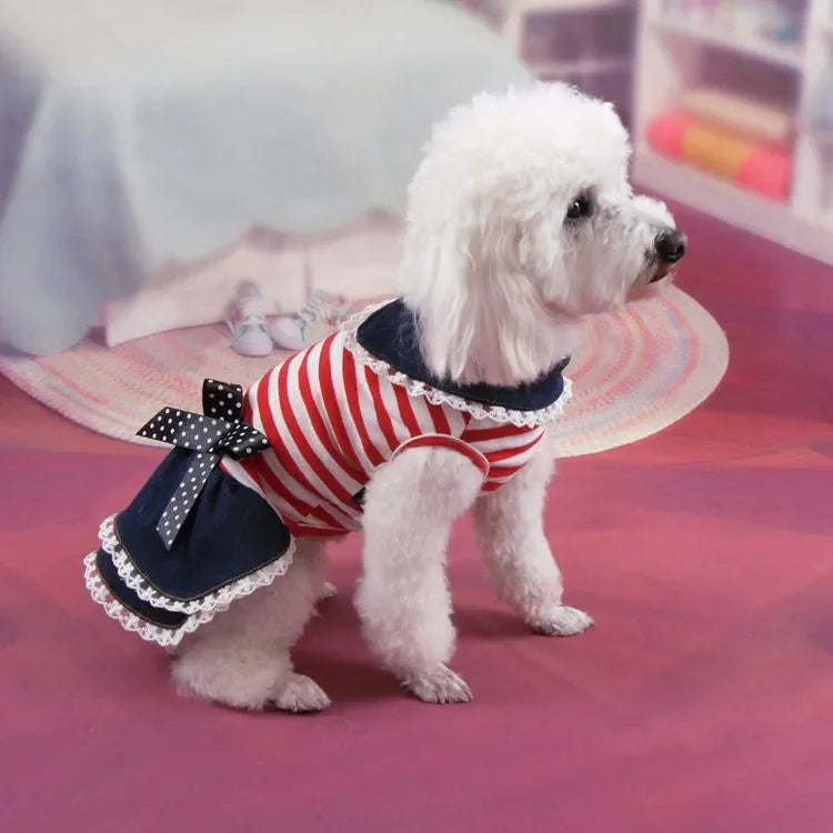 Puppy Dog Pet Stripe Costume Princess Dress Lace Pleated Lapel Stripe Bownot Princess Dress Denim Skirt XS-L Pet Supplies
